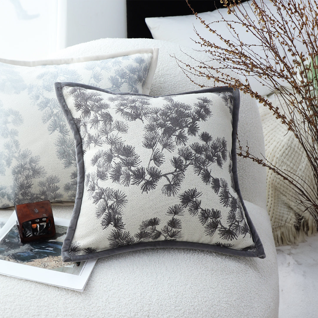 SOGA 45cm Throw Pillow Off White Wide Border with Branch and Pine Needle Design Pattern Home Decor