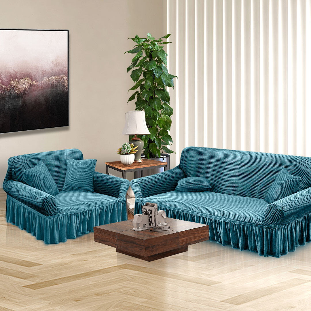 SOGA 2-Seater Blue Sofa Cover with Ruffled Skirt Couch Protector High Stretch Lounge Slipcover Home Decor