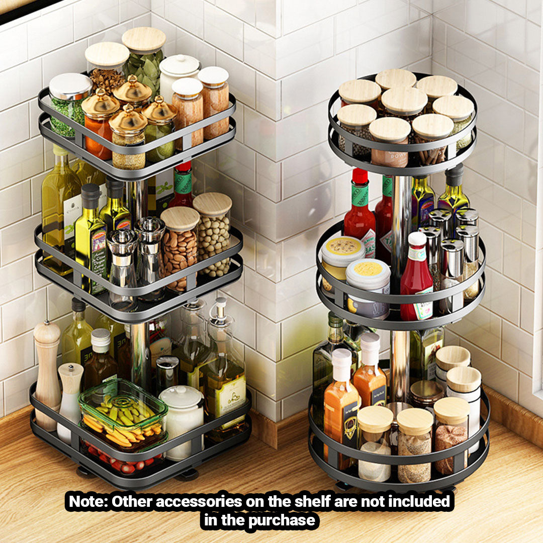 SOGA 3 Tier Steel Black Square Rotating Multi-Function Kitchen Portable Storage Spice Seasoning Kitchen Countertop Organiser Shelf