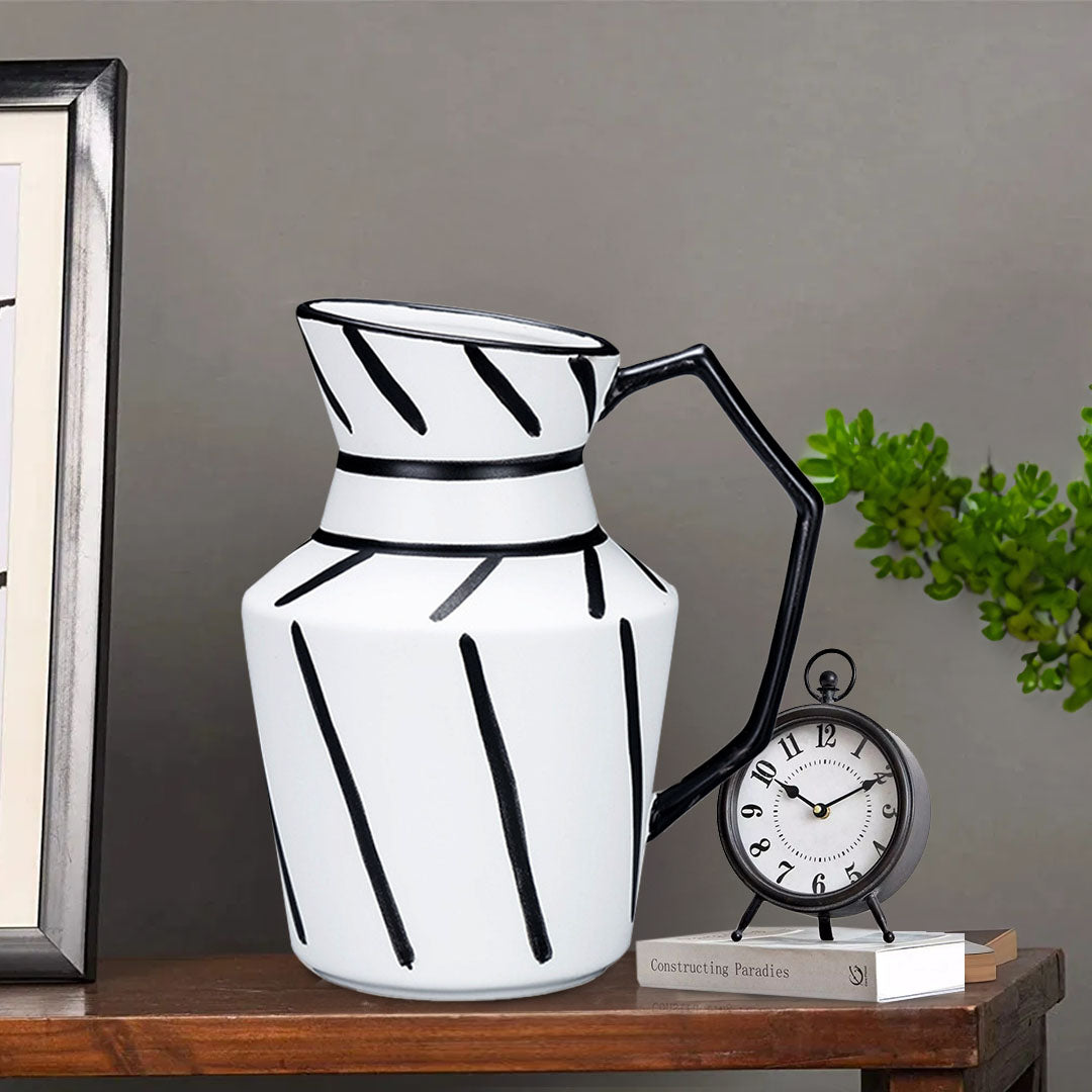 SOGA 2X 23.5x19.5cm Ornament Modern Ceramic Decorative Pitcher Striped Vase with Handle with Geometric Design for Home Décor