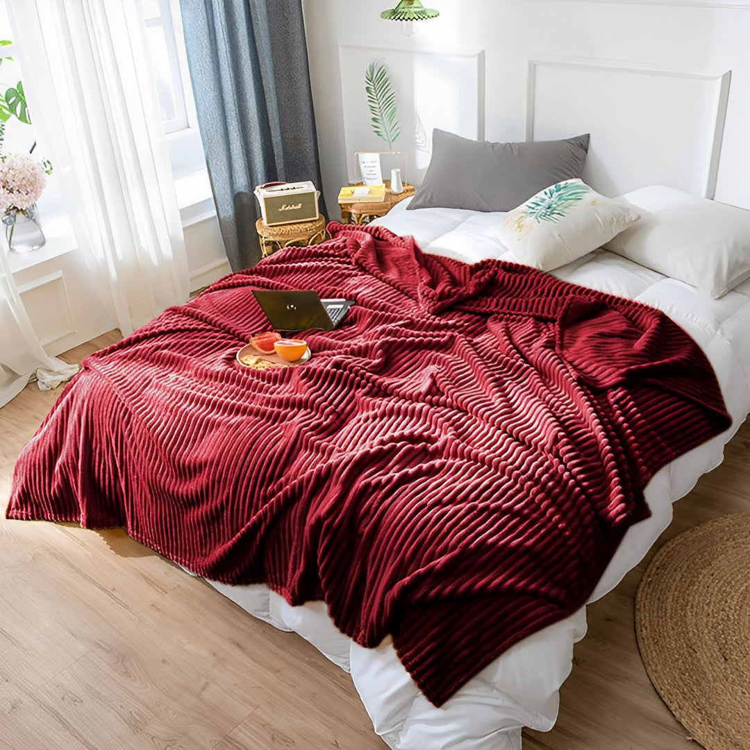 SOGA Burgundy Throw Blanket Warm Cozy Striped Pattern Thin Flannel Coverlet Fleece Bed Sofa Comforter