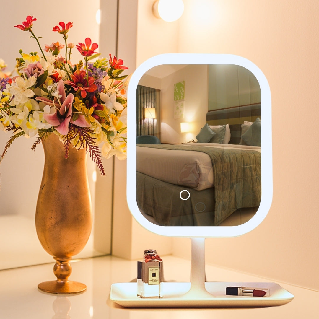 SOGA 26cm White Squared Smart LED Makeup Bedroom Table Vanity Mirror Tricolor w/ 5x Magnification