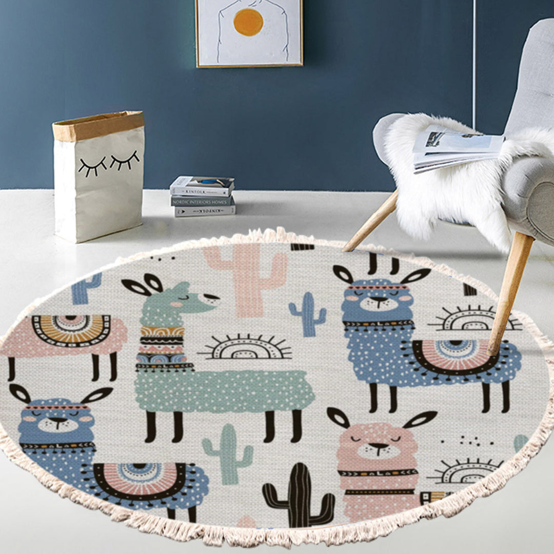 SOGA 2X 120cm Alpaca Cactus Pattern Rug Desert Animals Non-Slip Round Area Rugs for Living Room Dining Room