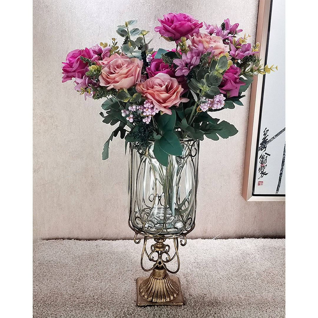 SOGA European Clear Glass Cylinder Flower Vase Solid Base with Gold Metal Pattern