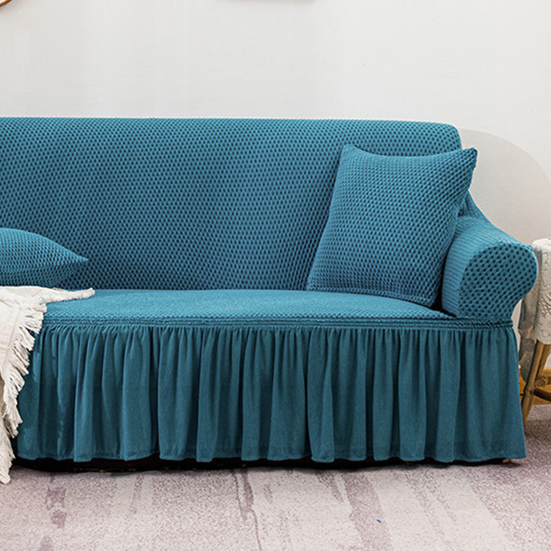 SOGA 4-Seater Blue Sofa Cover with Ruffled Skirt Couch Protector High Stretch Lounge Slipcover Home Decor