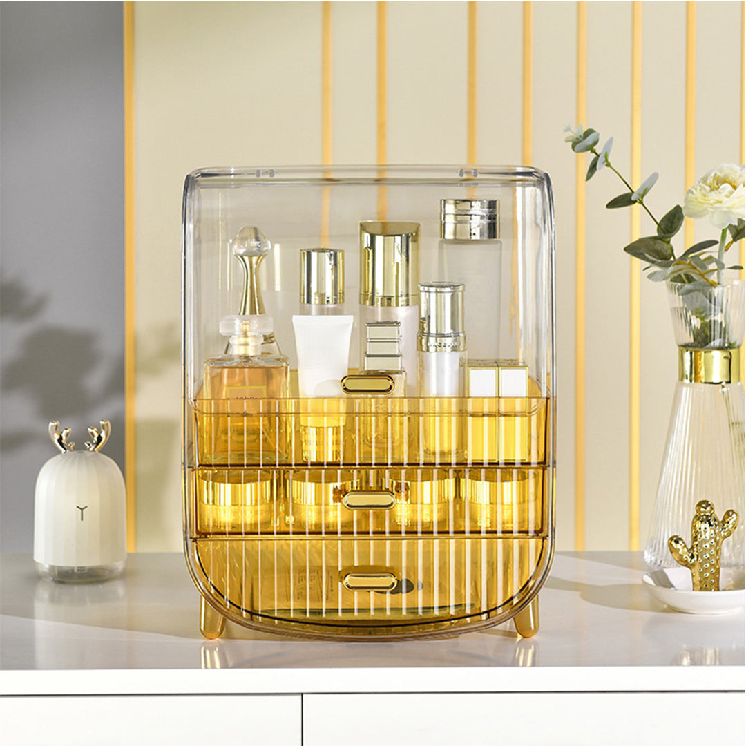 SOGA 3 Tier Golden Yellow Multifunctional Countertop Cosmetic Storage Makeup Perfume Skincare Display Stand Shelf Drawer Type Organiser