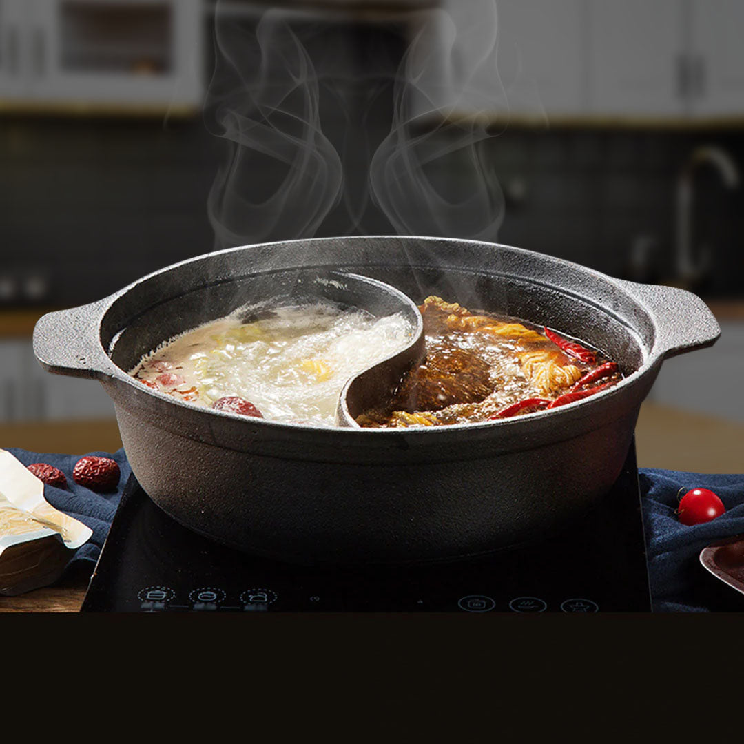 SOGA 32CM Round Cast Iron Shabu Shabu Hotpot Beef Chicken Stew Wok Two-Flavor Division