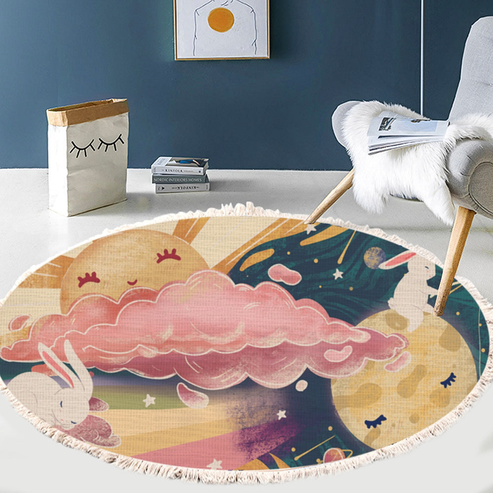 SOGA 2X 120cm Round Tassels Carpet Sky Landscape Clouds Boho Circle Area Rugs, Home Decor