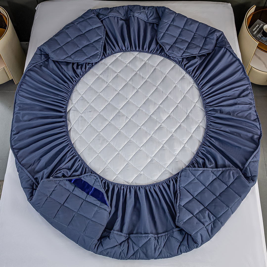 SOGA 2X Blue 153cm Wide Cross-Hatch Mattress Cover Thick Quilted Stretchable Bed Spread Sheet Protector with Pillow Covers