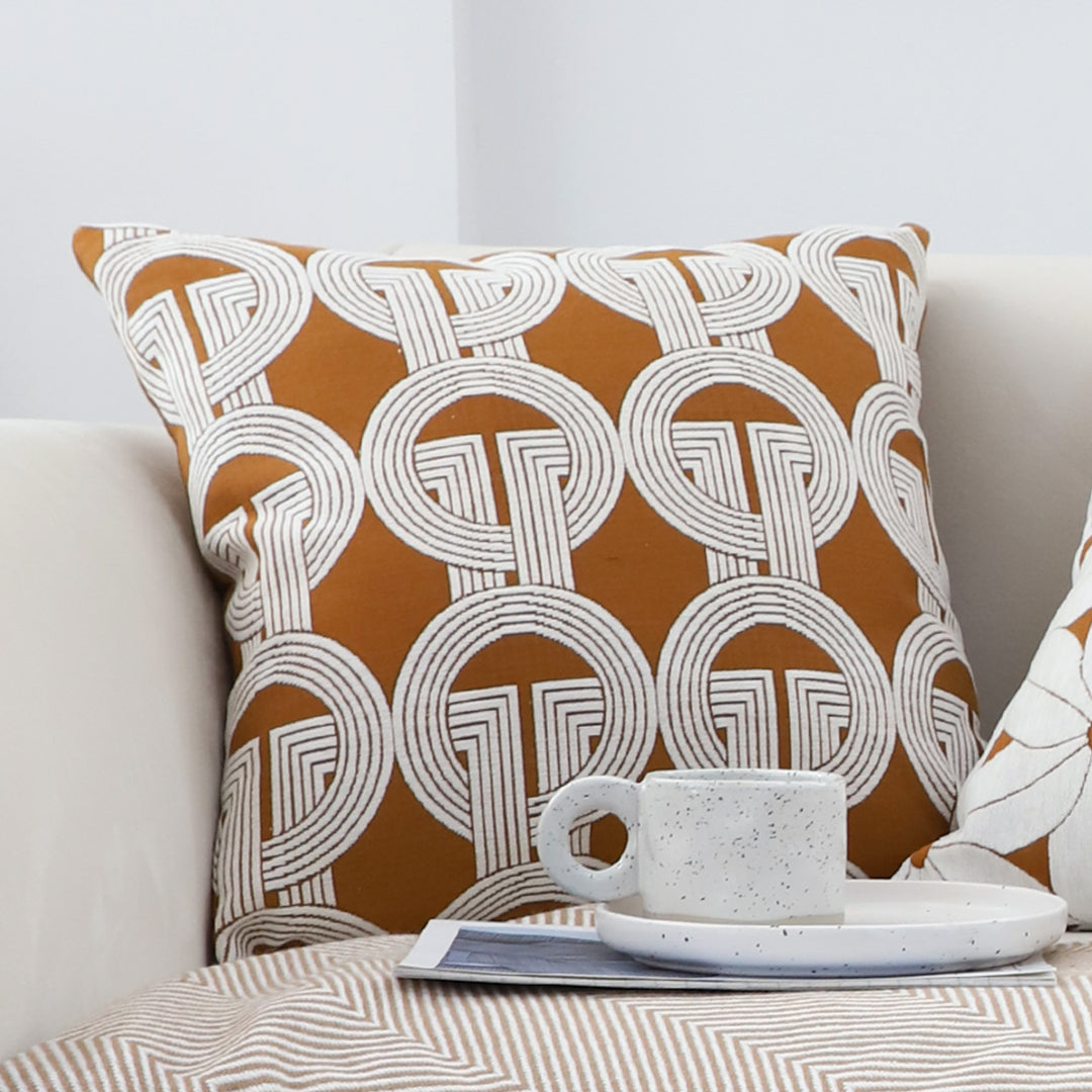 SOGA 50cm Throw Pillow Brown Circular Chain Jacquard Decorative Square for Home Decor