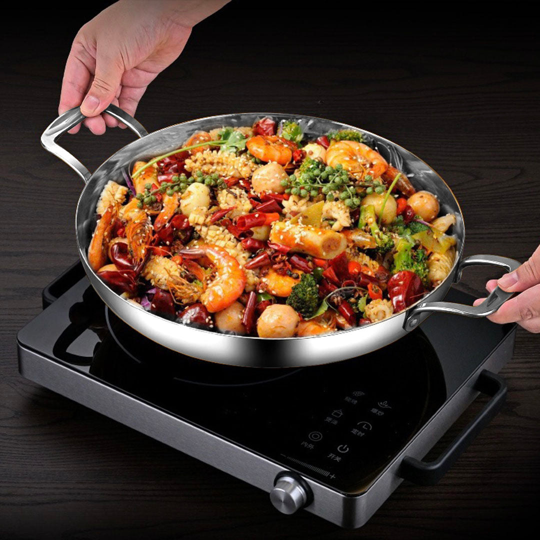 Soga 36cm Flat Base Seafood Dry Pot in Elegant Silver Finish with Durable for Kichen Essential