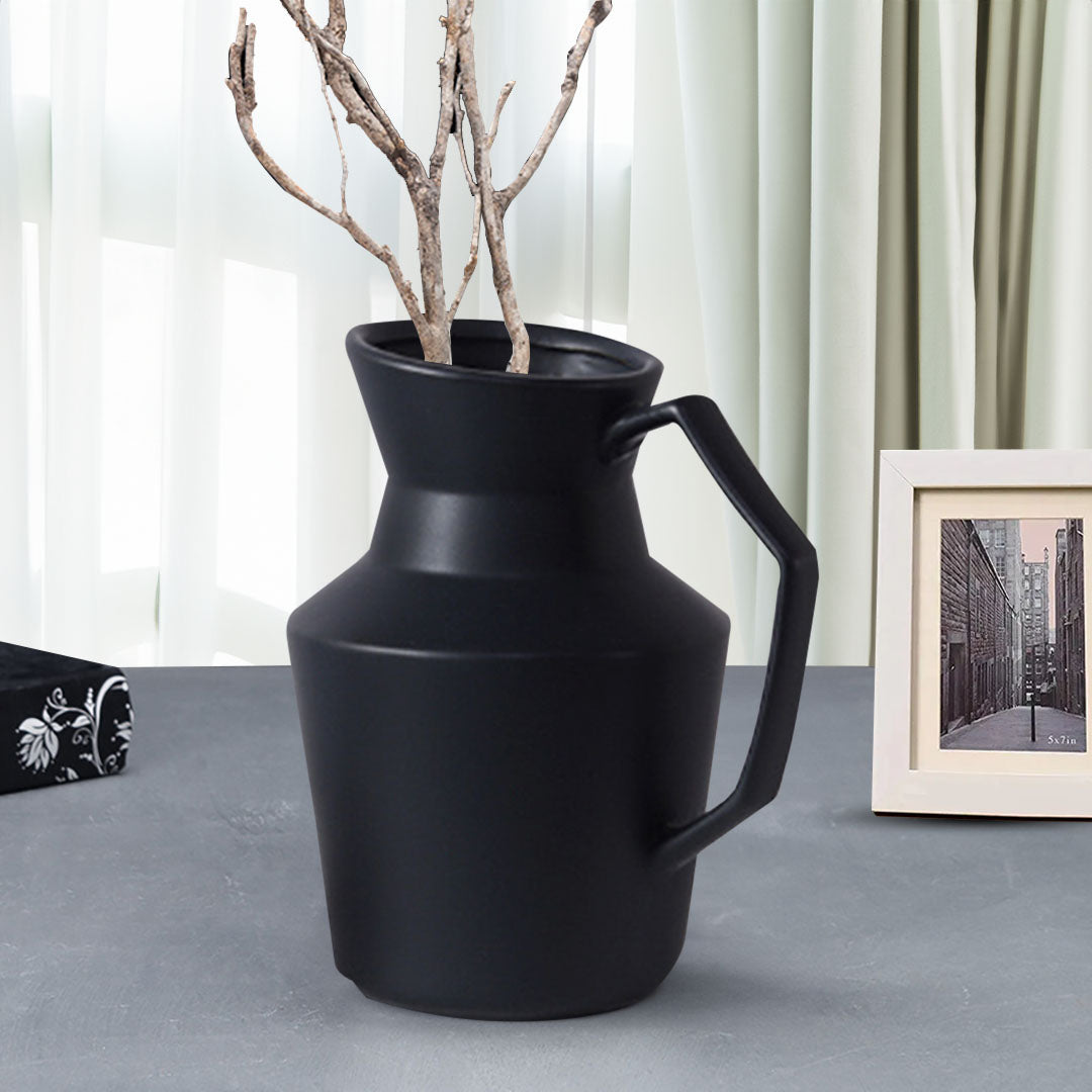 SOGA 23.5cmx19.5cm Ornament Black Modern Ceramic Decorative Pitcher Vase with Handle for Home Décor