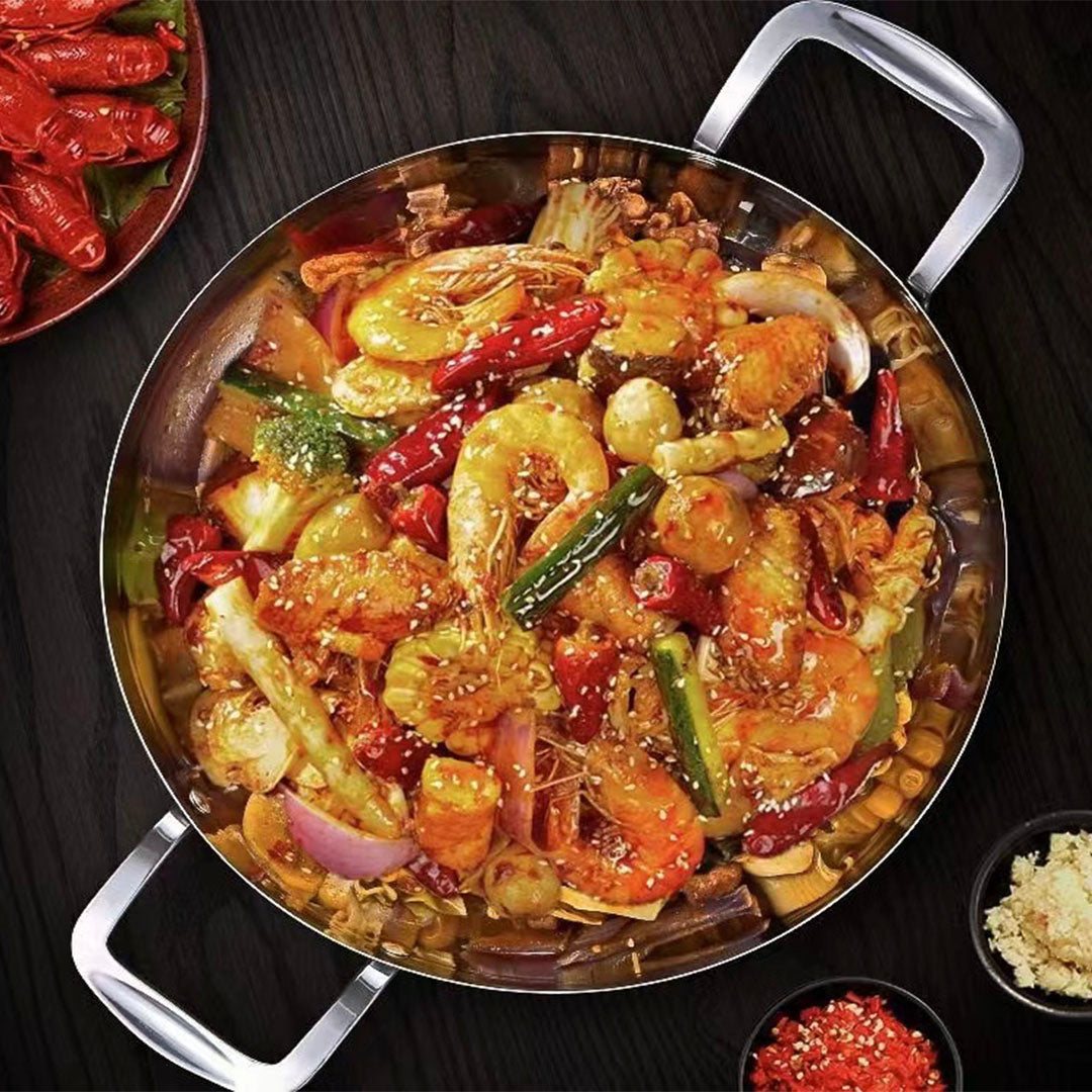 Soga 36cm Flat Base Seafood Dry Pot in Elegant Silver Finish with Durable for Kichen Essential