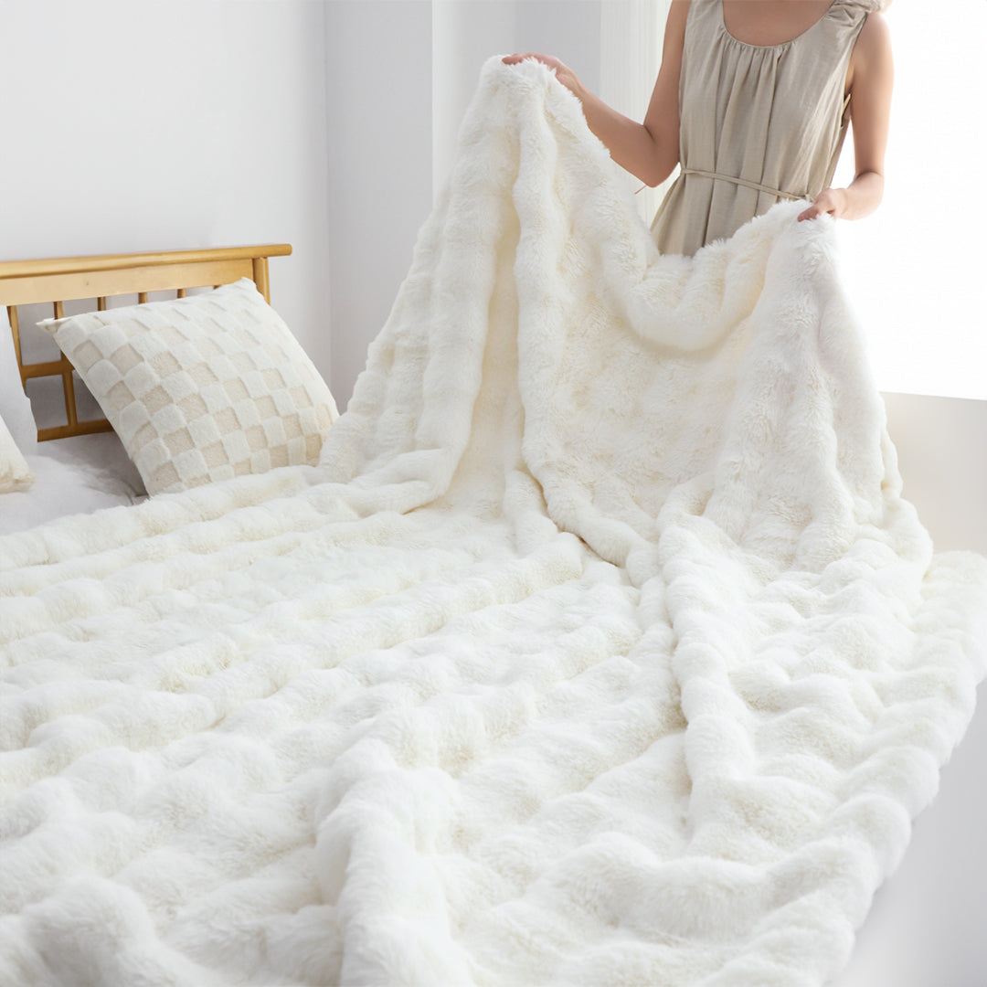 SOGA 160X200cm Throw Blanket White Double Layer Rabbit Fur Cozy Comfort with Stylish Decor