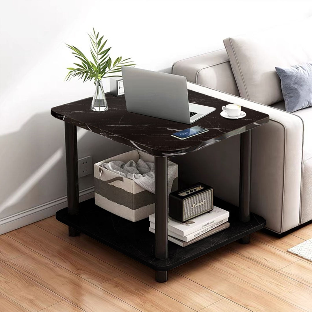 SOGA 2X 70cm Black Ceramic Side Table Stone Pattern Modern Design with Black Metal Legs