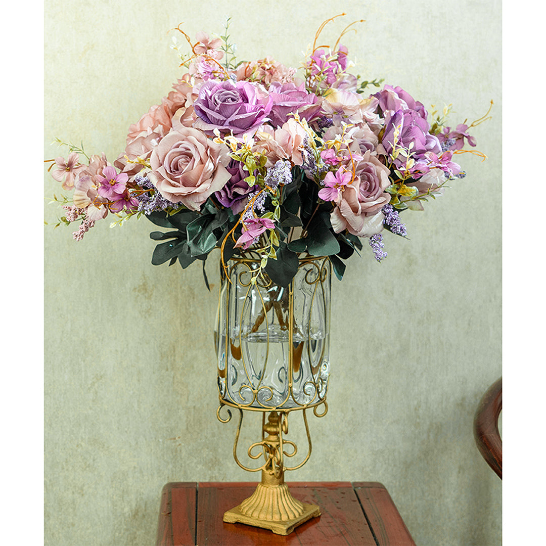 SOGA European Clear Glass Cylinder Flower Vase Solid Base with Gold Metal Pattern
