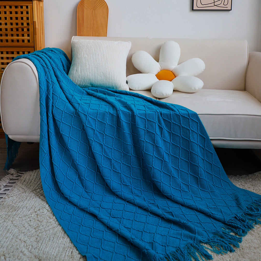 SOGA 2X Blue Diamond Pattern Knitted Throw Blanket Warm Cozy Woven Cover Couch Bed Sofa Home Decor with Tassels