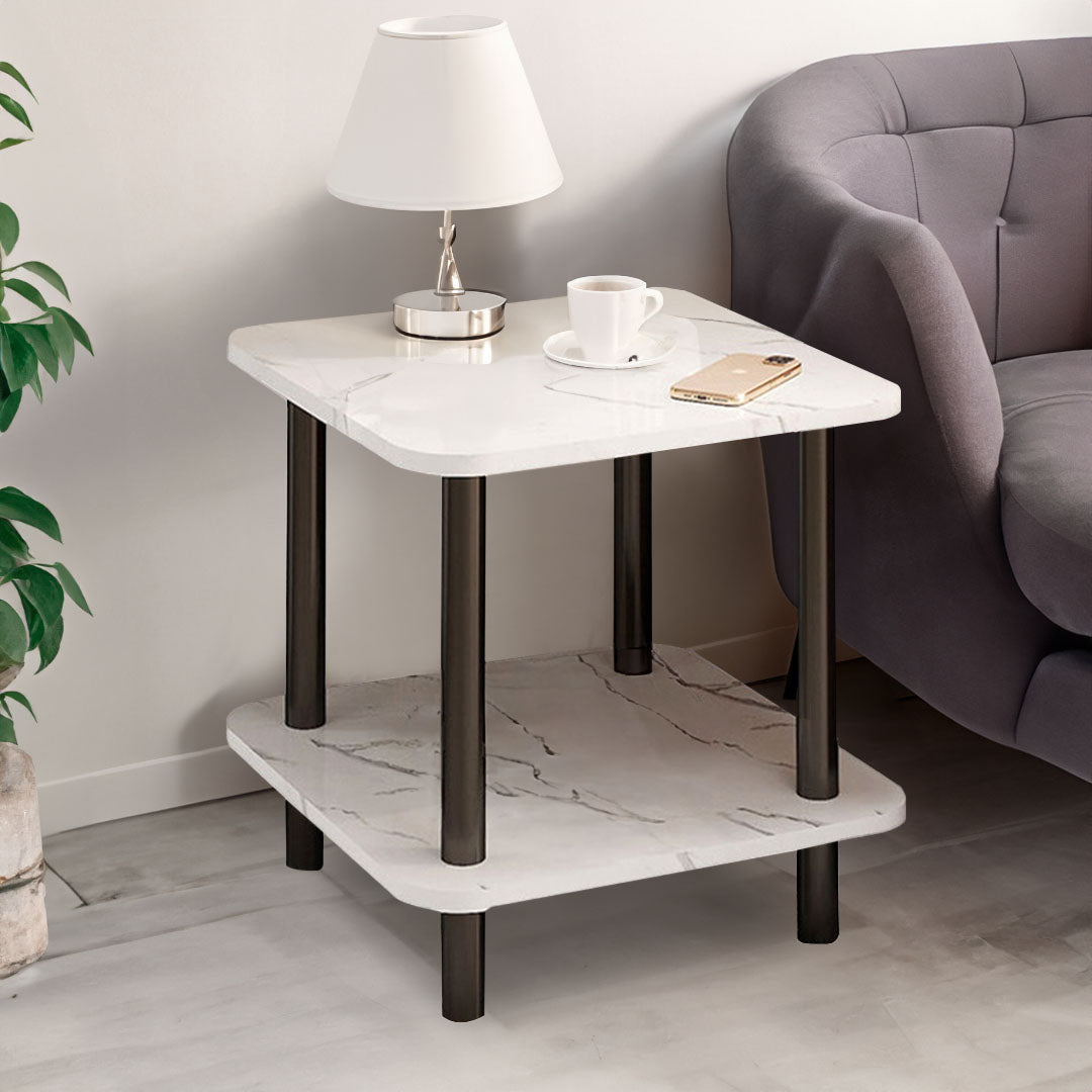 SOGA 60cm White Ceramic Side Table Stone Pattern Modern Design with Metal Legs