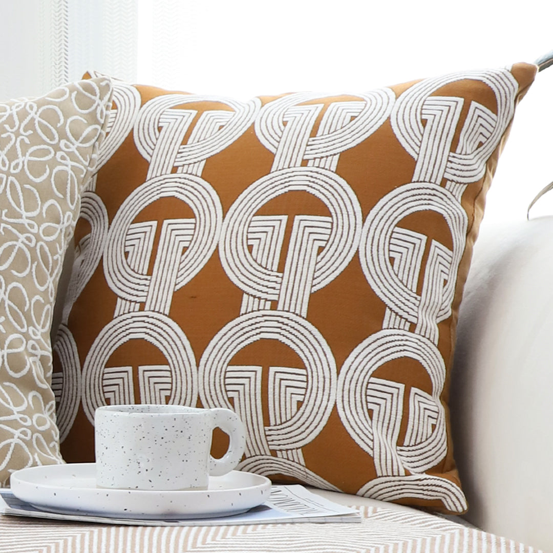 SOGA 50cm Throw Pillow Brown Circular Chain Jacquard Decorative Square for Home Decor