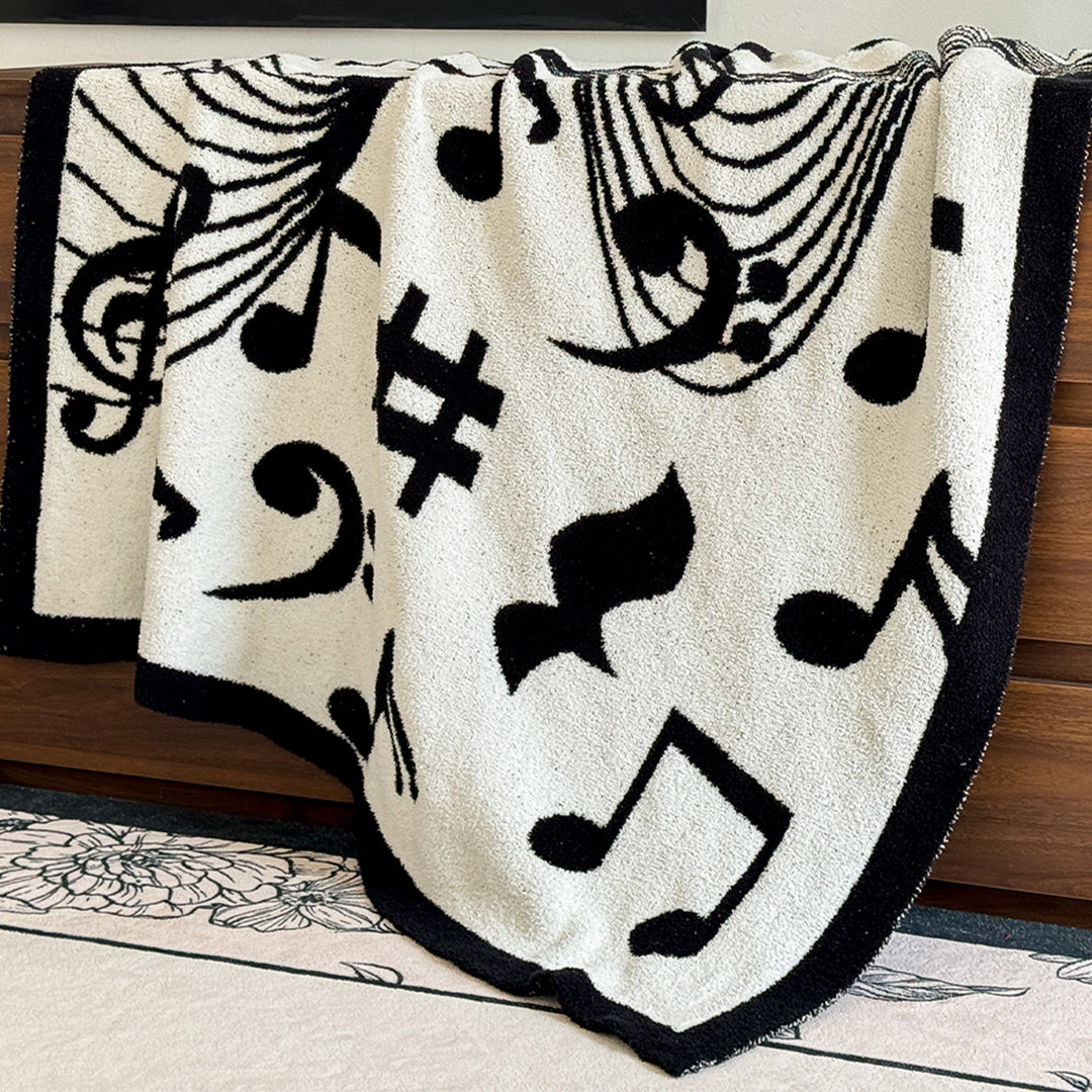 SOGA 2X 130x160cm Throw Blanket Black and White Musical Note Half Fleece Soft Cozy for Music Lovers Stylish