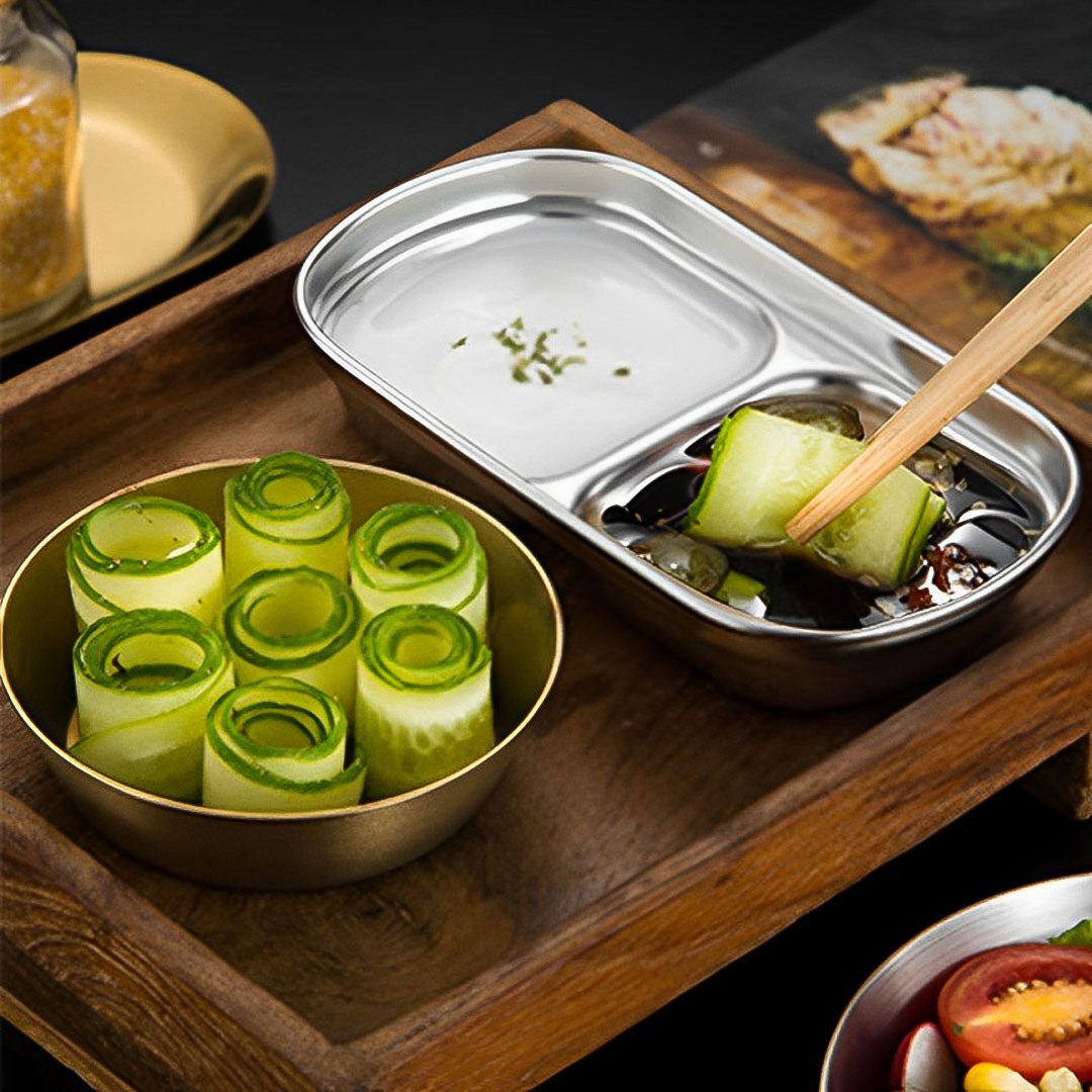 SOGA 15cm Silver Sauce Pan with Two Compartments Divided Sauce Dish Kitchen Essential