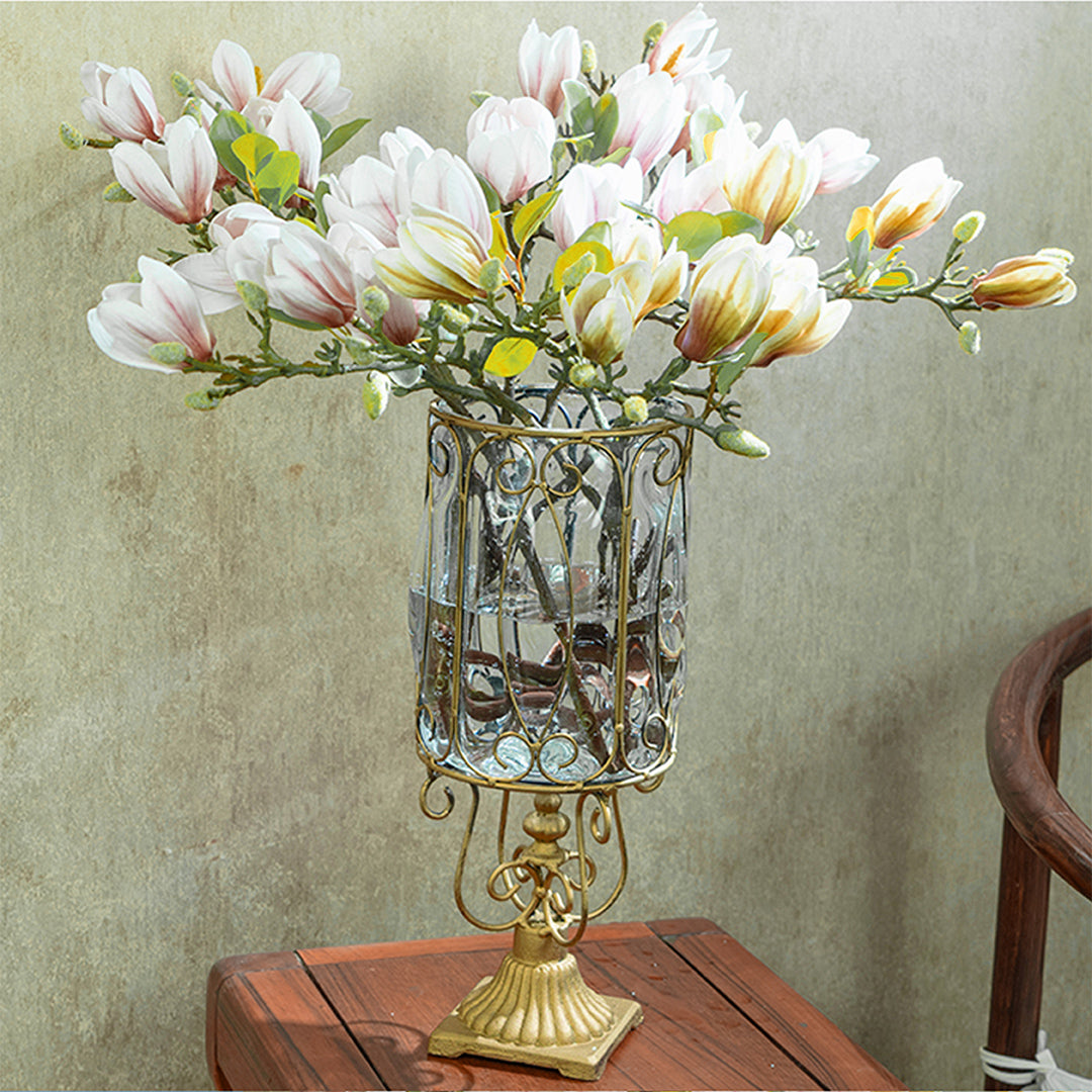 SOGA European Clear Glass Cylinder Flower Vase Solid Base with Gold Metal Pattern