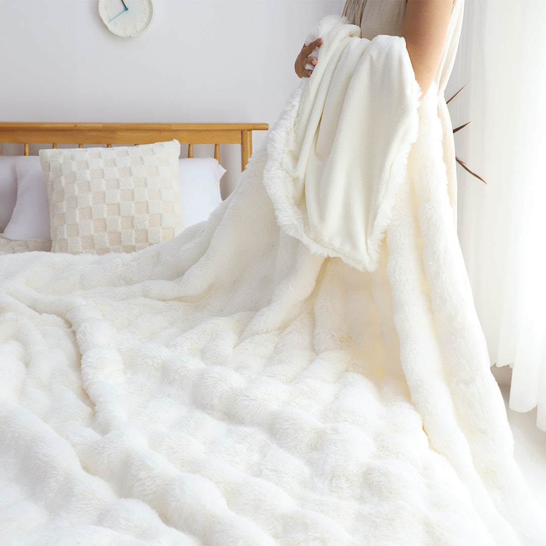 SOGA 160X200cm Throw Blanket White Double Layer Rabbit Fur Cozy Comfort with Stylish Decor