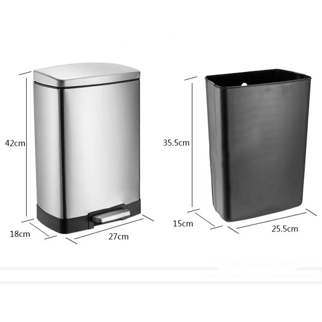 SOGA Foot Pedal Stainless Steel Rubbish Recycling Garbage Waste Trash Bin Rectangular Shape 12L Silver