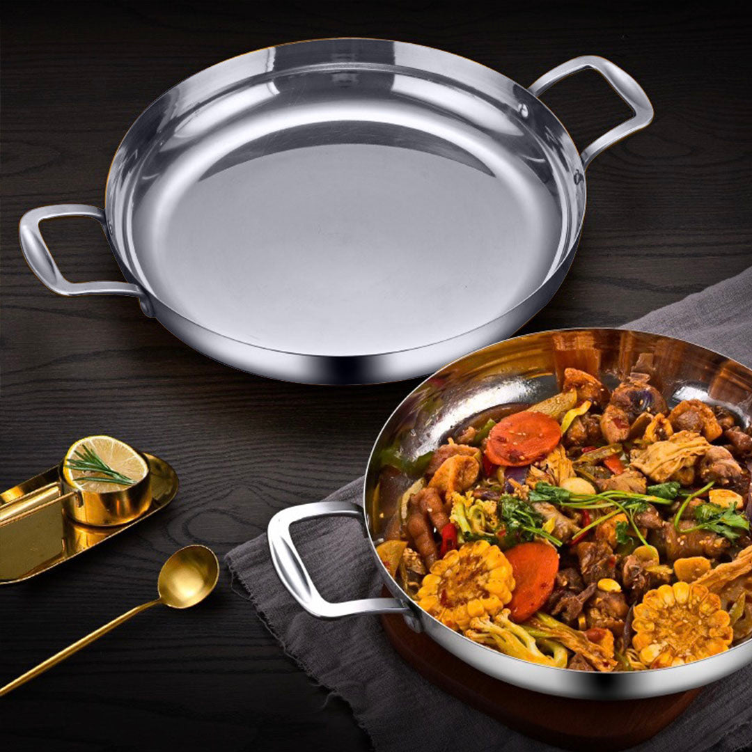 Soga 36cm Flat Base Seafood Dry Pot in Elegant Silver Finish with Durable for Kichen Essential