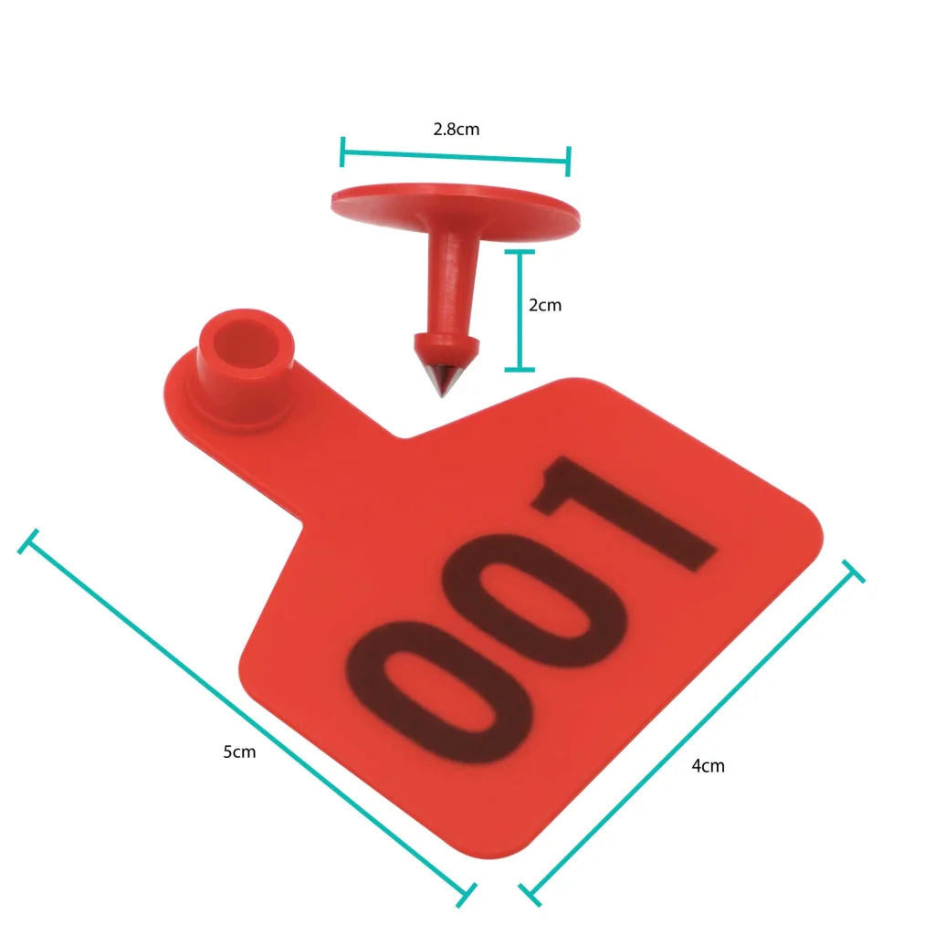 1-100 Cattle Number Ear Tags 5x4cm Set - Small Red Pig Goat