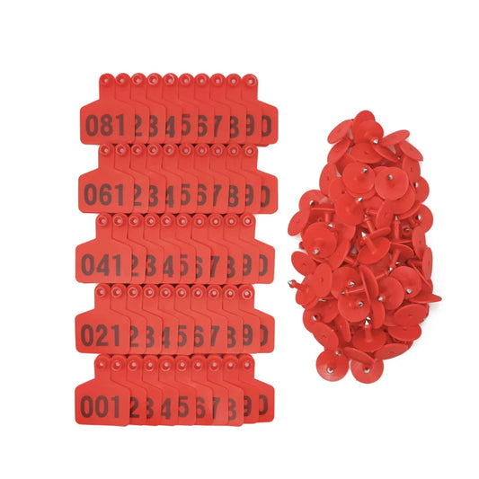 1-100 Cattle Number Ear Tags 5x4cm Set - Small Red Pig Goat