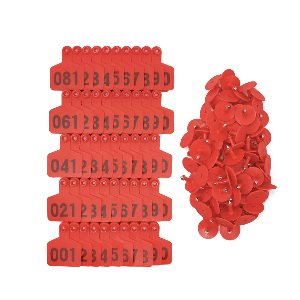 1-100 Cattle Number Ear Tags 5x4cm Set - Small Red Pig Goat