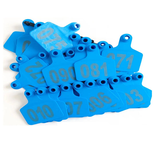 1-100 Cattle Number Ear Tags 6x7.5cm Set - Medium Blue Cow