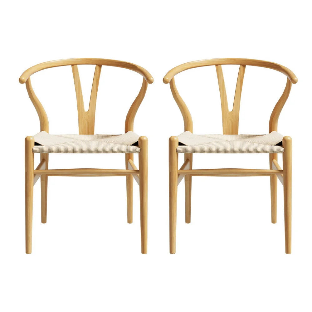1 Set of 2 Artiss Dining Chairs Wooden Rattan Seat Wishbone