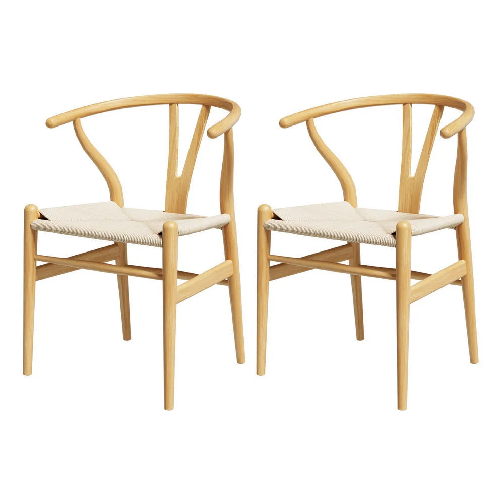 1 Set of 2 Artiss Dining Chairs Wooden Rattan Seat Wishbone