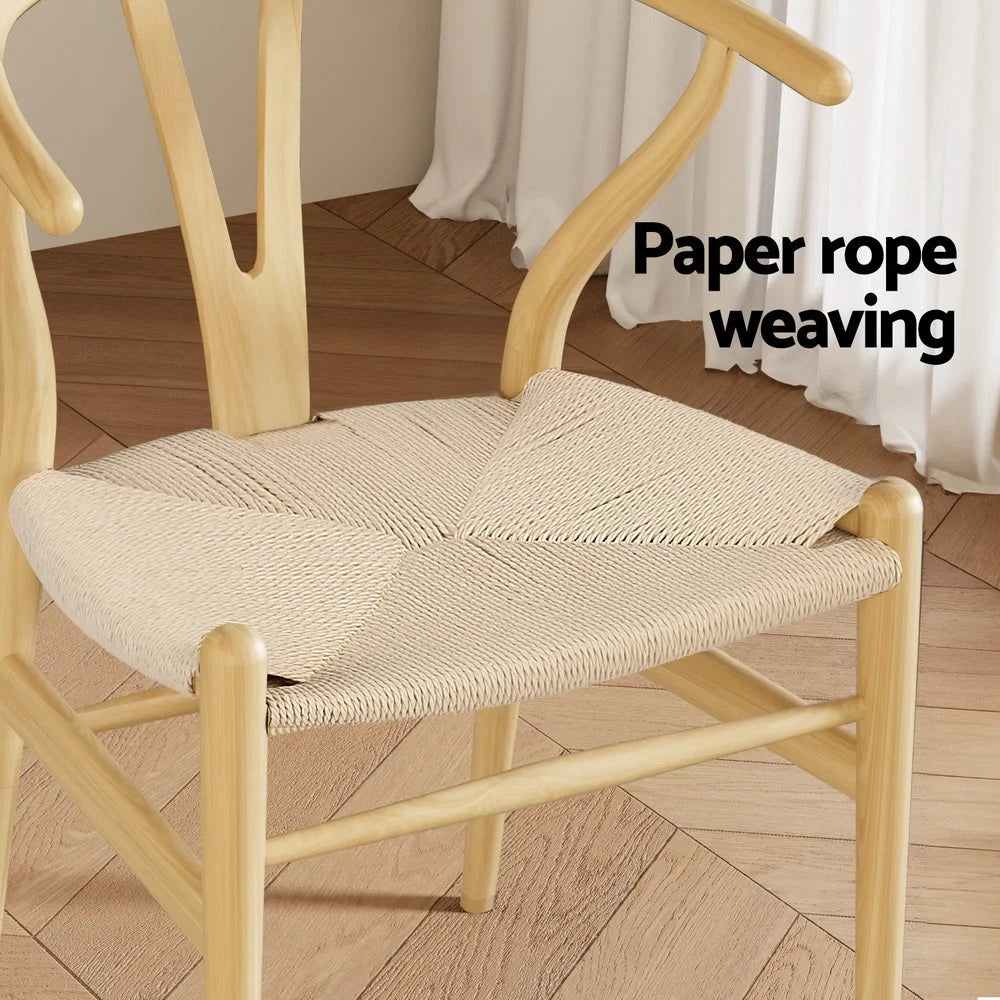 1 Set of 2 Artiss Dining Chairs Wooden Rattan Seat Wishbone