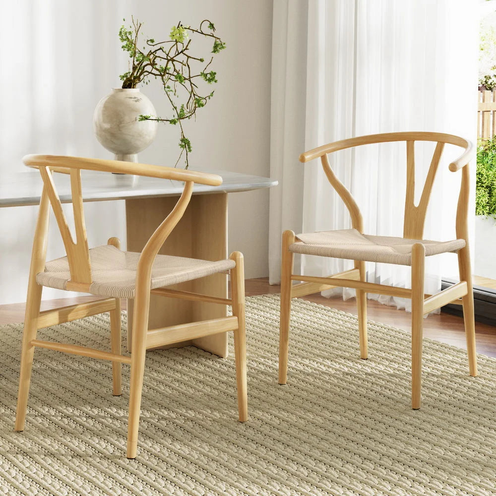 1 Set of 2 Artiss Dining Chairs Wooden Rattan Seat Wishbone