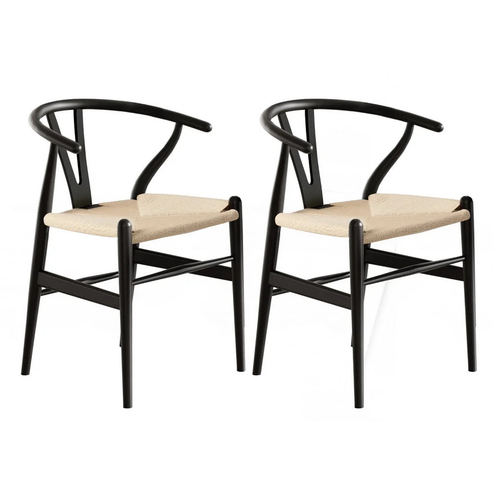 1 Set of 2 Artiss Dining Chairs Wooden Rattan Wishbone