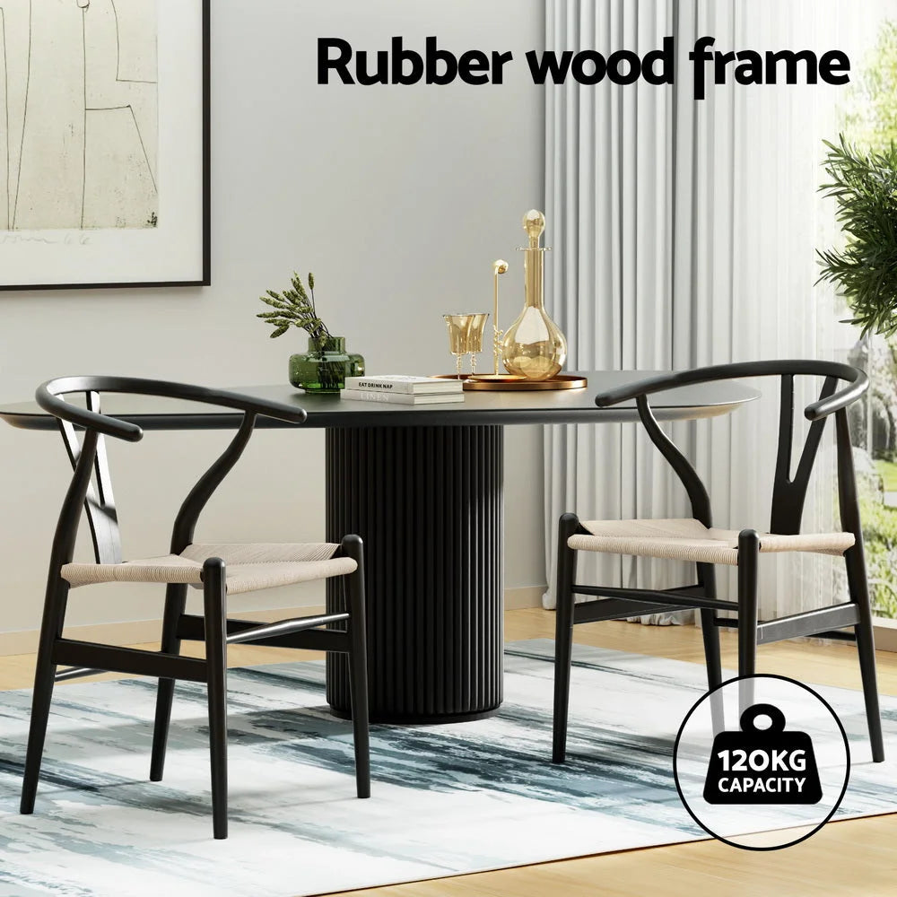 1 Set of 2 Artiss Dining Chairs Wooden Rattan Wishbone
