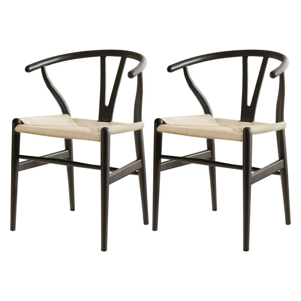 1 Set of 2 Artiss Dining Chairs Wooden Rattan Wishbone