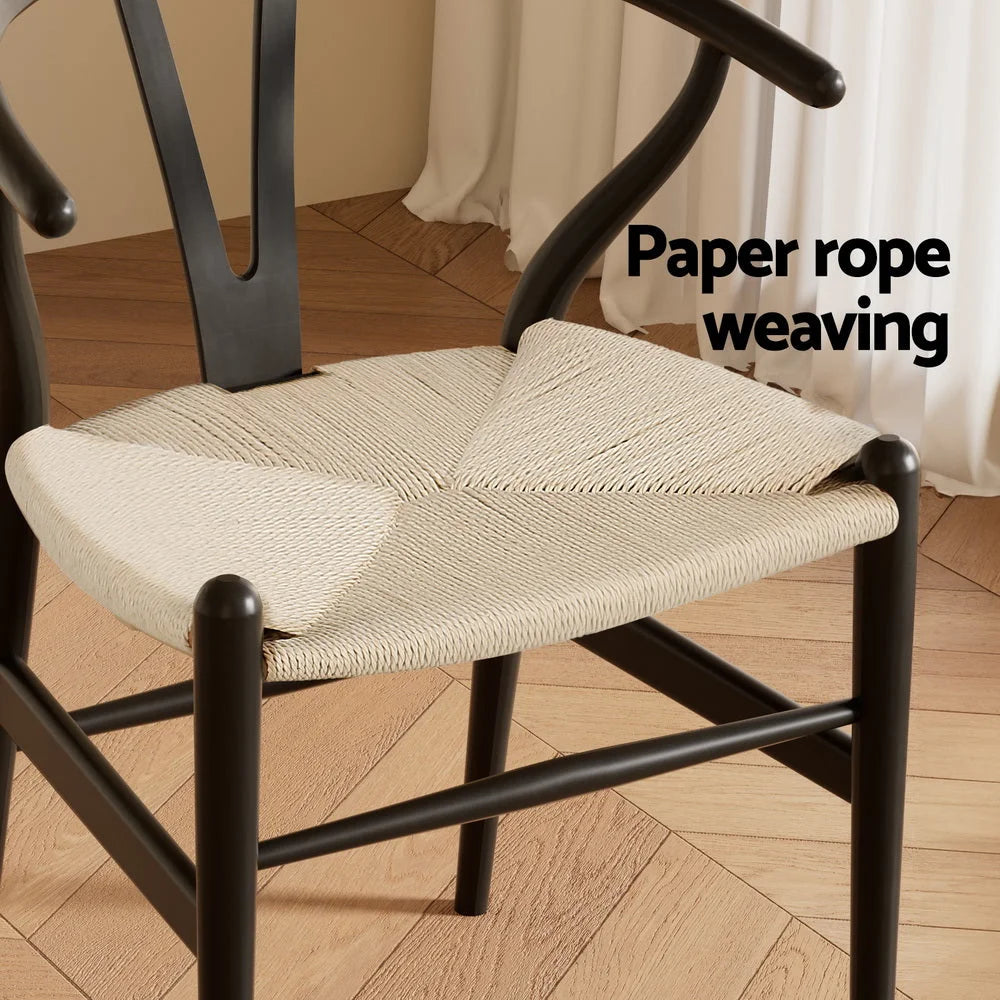 1 Set of 2 Artiss Dining Chairs Wooden Rattan Wishbone