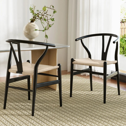 1 Set of 2 Artiss Dining Chairs Wooden Rattan Wishbone
