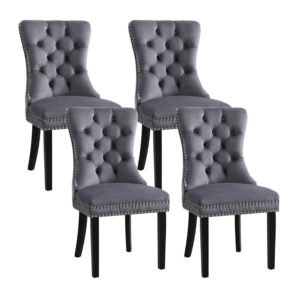 Grey velvet dining chair set with counter-height legs and footrest