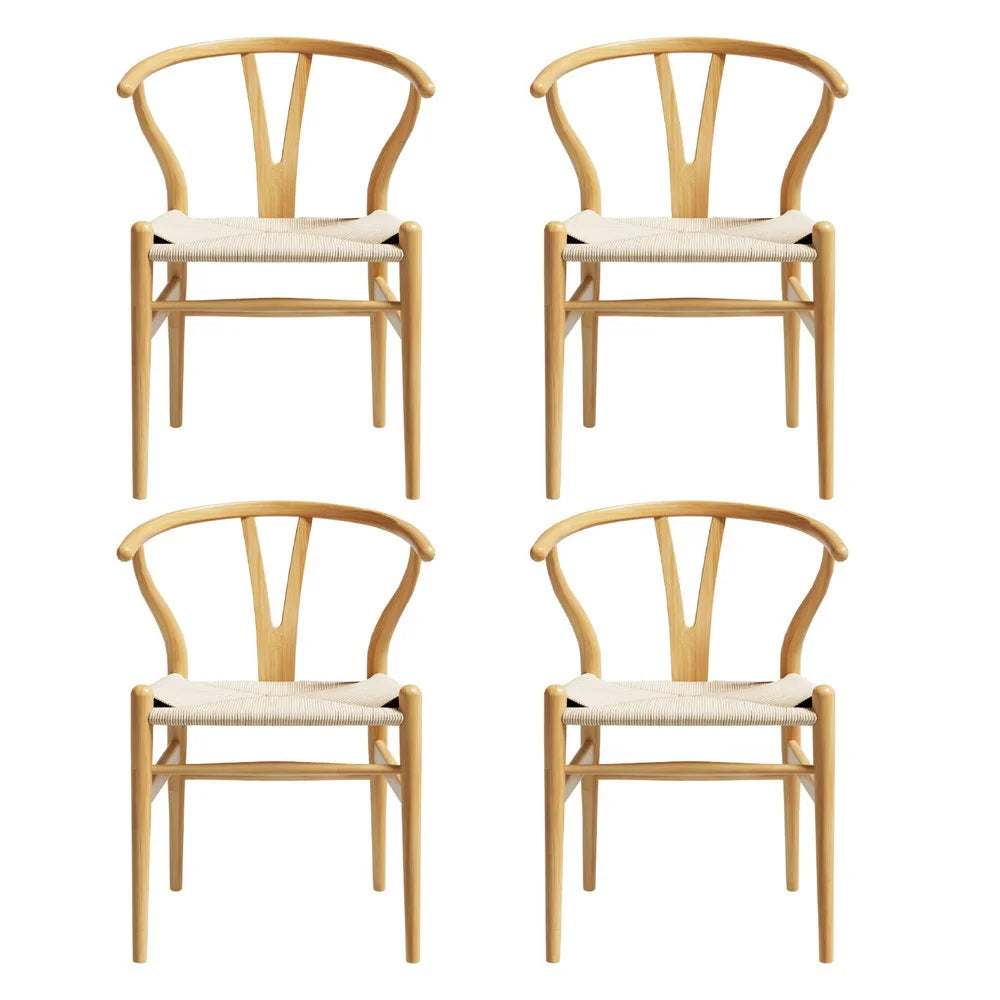 1 Set of 4 Artiss Dining Chairs Wooden Rattan Seat Wishbone
