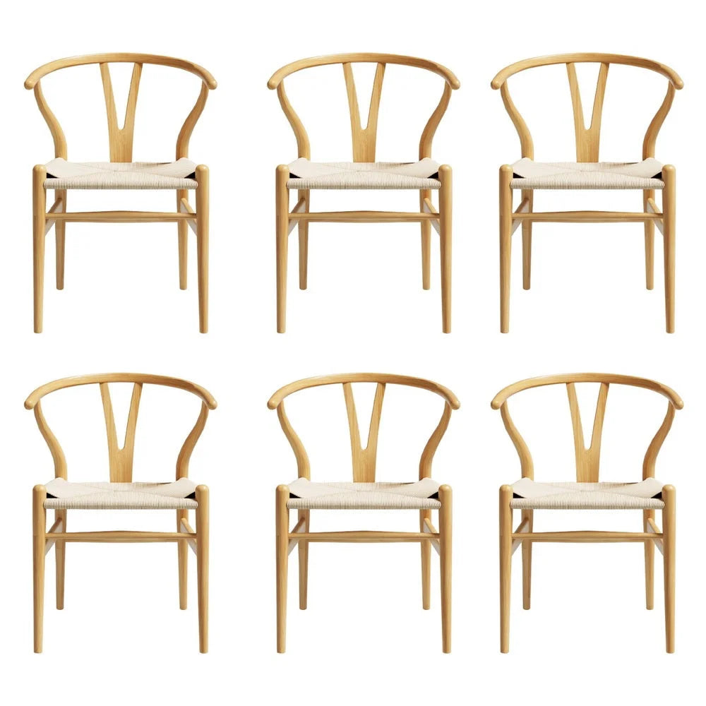 1 Set of 6 Artiss Dining Chairs Wooden Rattan Seat Wishbone