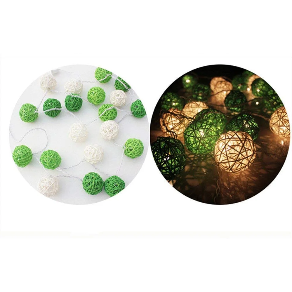 1 Set of Green n White 5cm Rattan Cane 20 Ball Battery