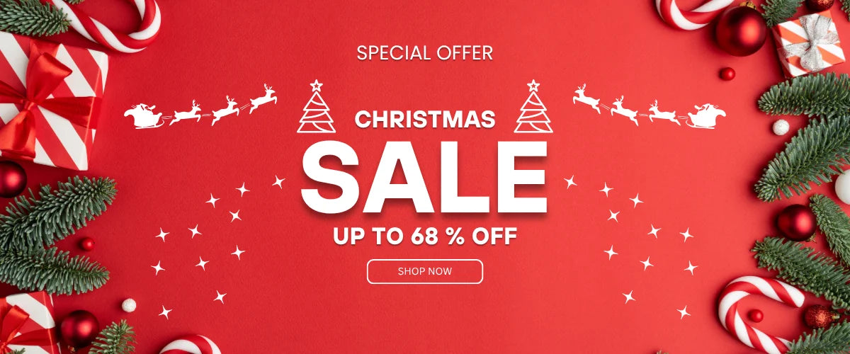 Red Christmas sale banner with festive elements and text