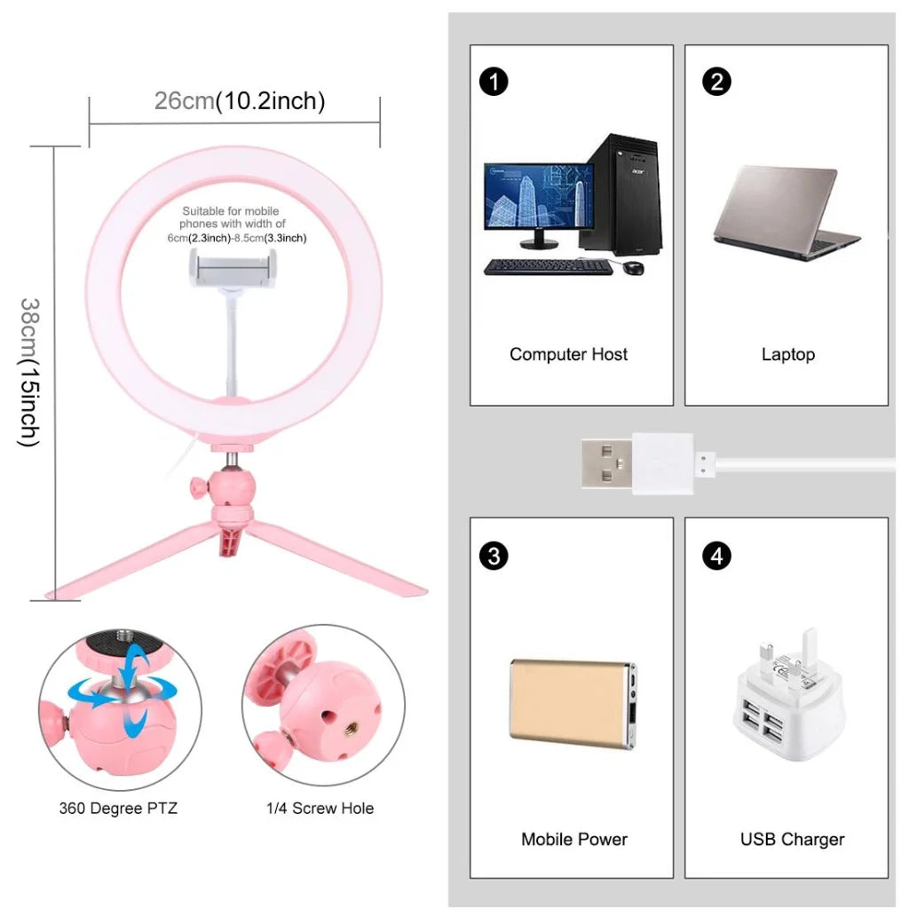 10.2 Selfie Beauty Light with Tripod Mount and Usb 3 Modes