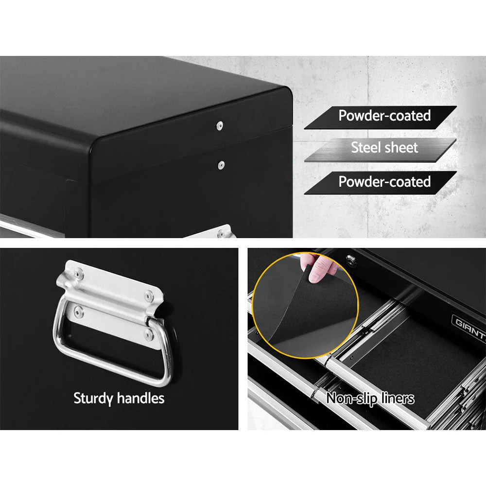 Black drawer cabinet with drawer storage and cupboard doors