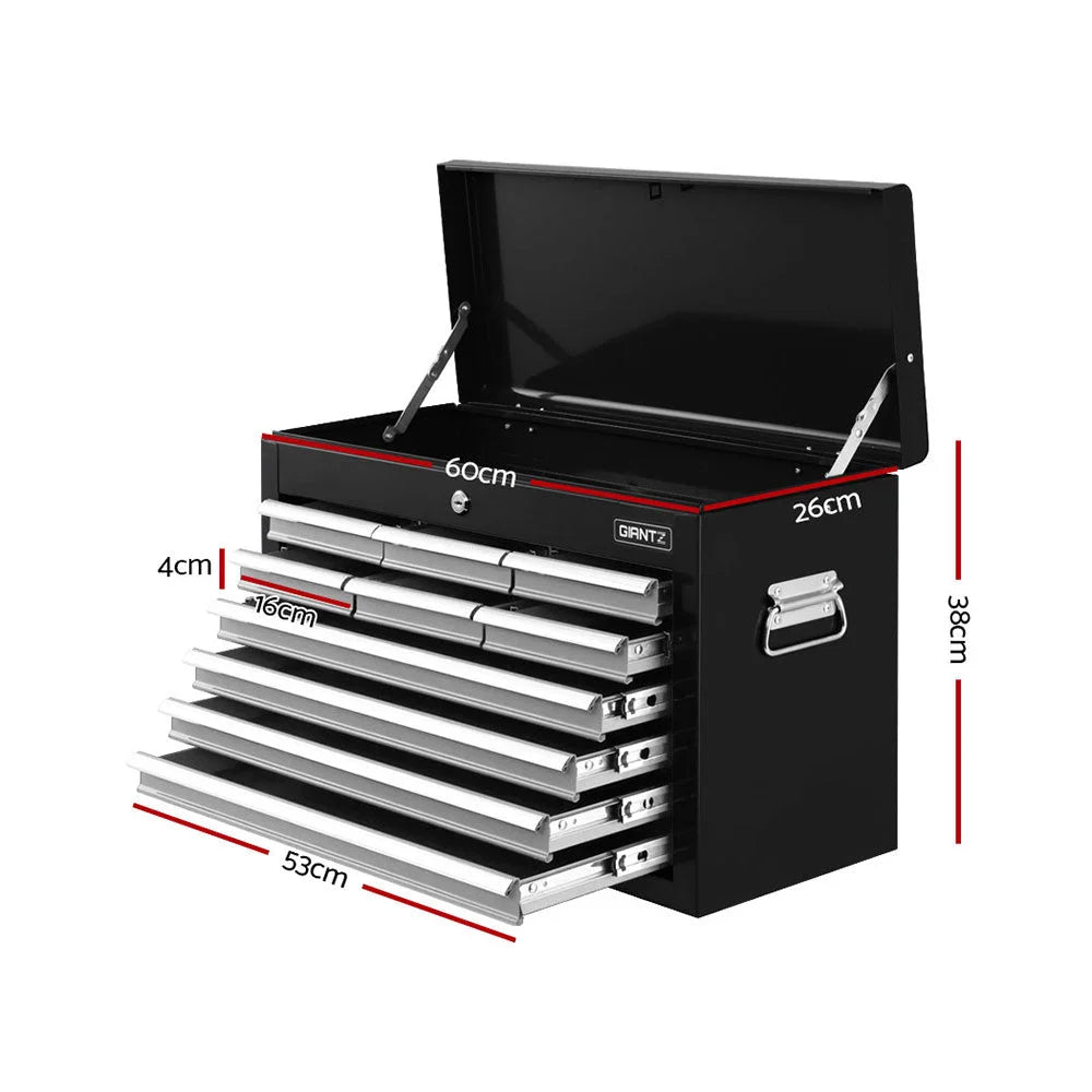 Black drawer cabinet with multiple compartments and lock mechanism